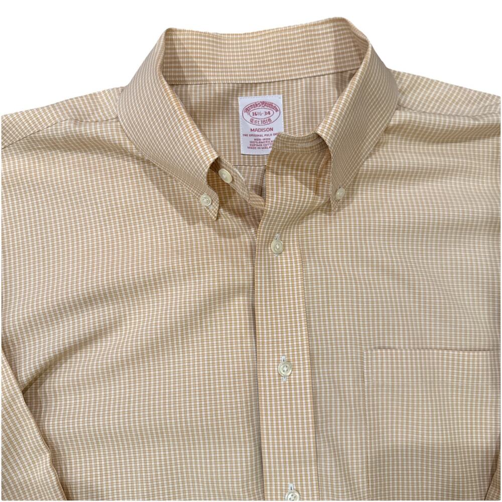 Brooks Brothers Shirt Men 16.5 34 Orange Madison Checkered Button Up Non Iron